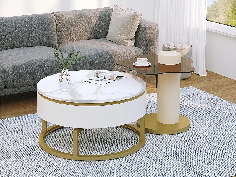 Juego de 2 mesas nido - aspecto mármol - giratorias 360° - blanco brillante