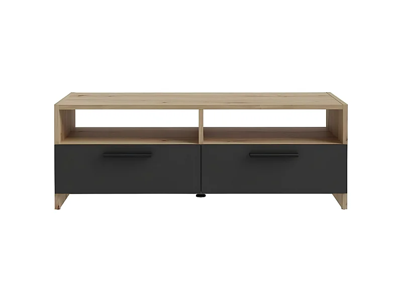 Meuble TV contemporain décor chêne et noir, 2 abattants, 2 niches, 95 cm, Pilvi