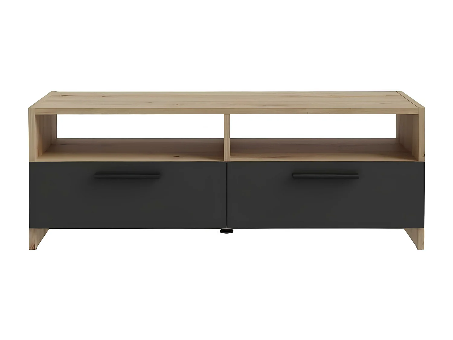 Meuble TV contemporain décor chêne et noir, 2 abattants, 2 niches, 95 cm, Pilvi