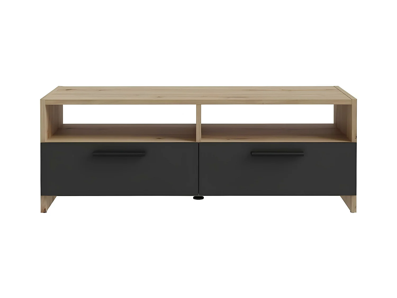 Meuble TV contemporain décor chêne et noir, 2 abattants, 2 niches, 95 cm, Pilvi