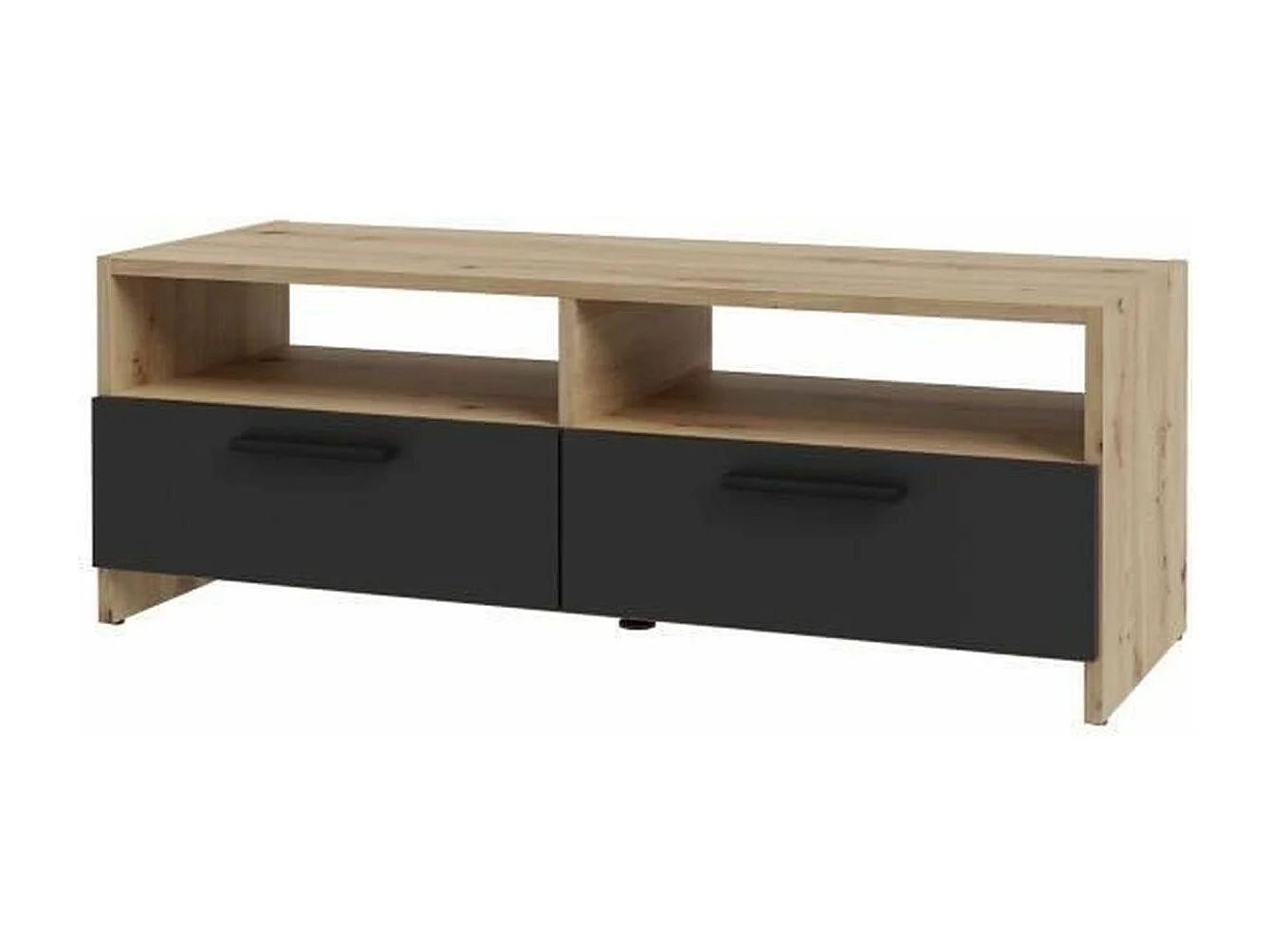 Meuble TV contemporain décor chêne et noir, 2 abattants, 2 niches, 95 cm, Pilvi