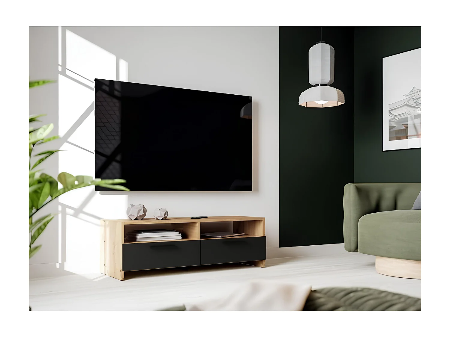 Mueble TV roble y negro - 2 solapas + 2 nichos - 95 x 36 x 34,5 cm