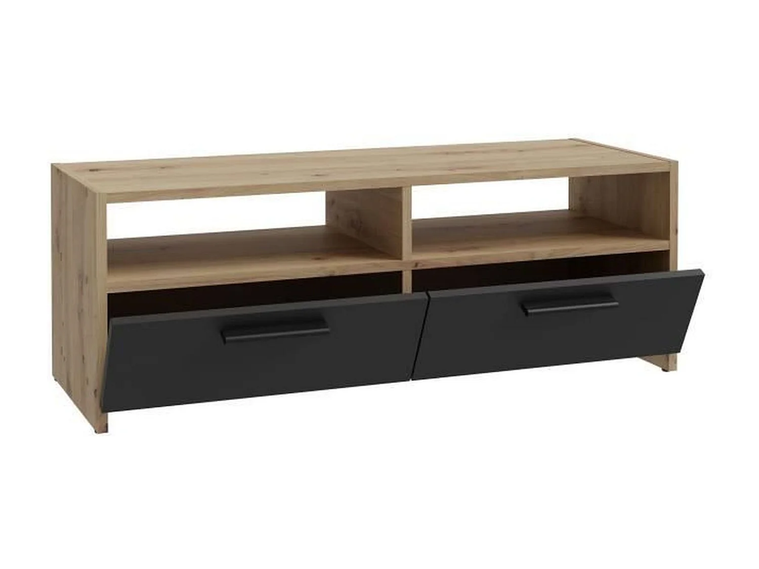 Mueble TV roble y negro - 2 solapas + 2 nichos - 95 x 36 x 34,5 cm