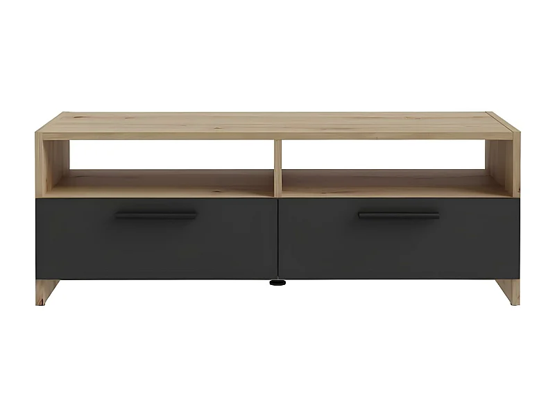 Meuble TV contemporain décor chêne et noir, 2 abattants, 2 niches, 95 cm, Pilvi