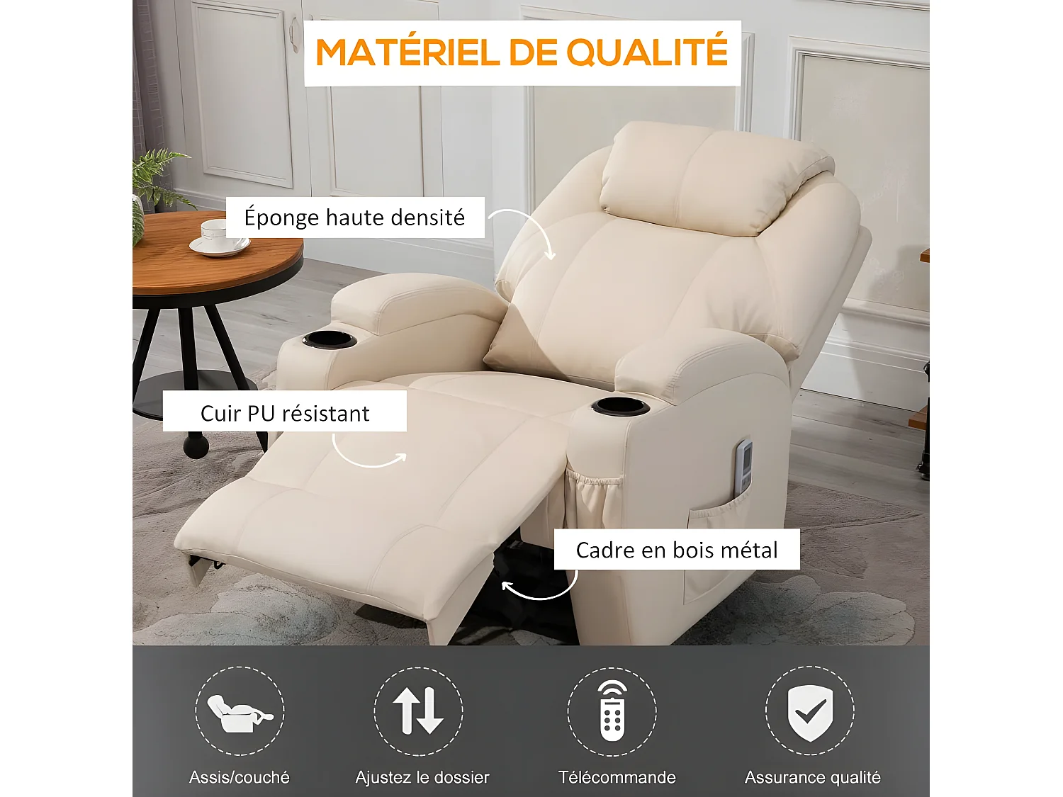 Fauteuil de relaxation éléctrique massant inclinable CHARLOTTE Crème