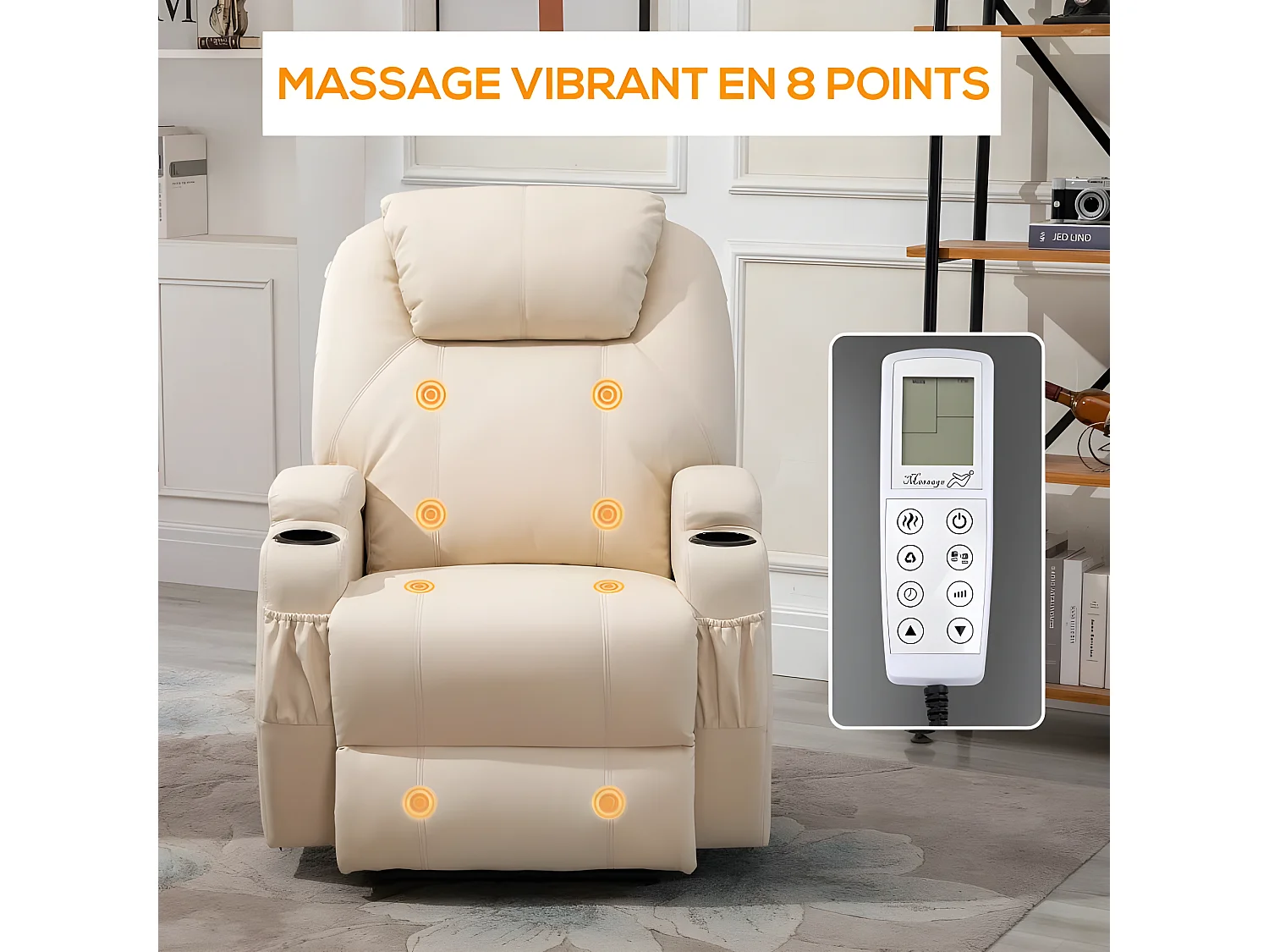 Fauteuil de relaxation éléctrique massant inclinable CHARLOTTE Crème