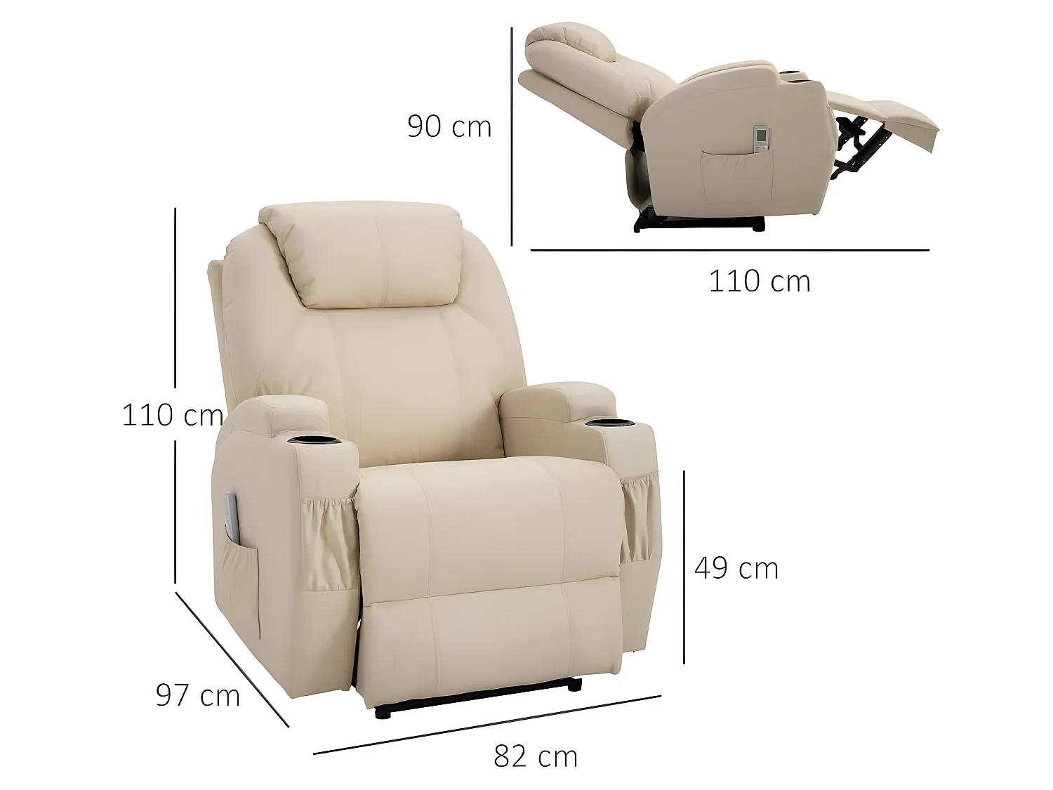 Fauteuil de relaxation éléctrique massant inclinable CHARLOTTE Crème