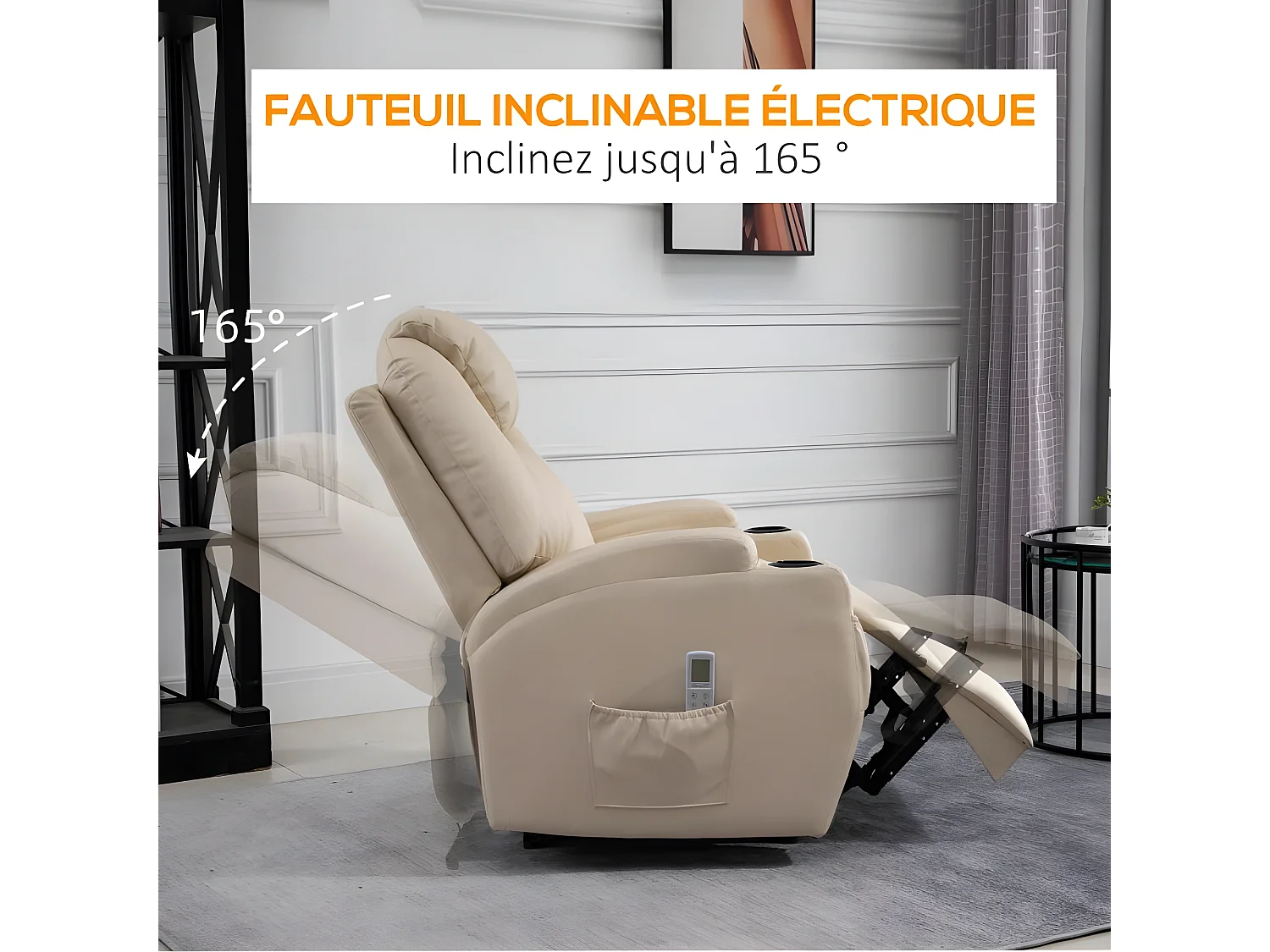 Fauteuil de relaxation éléctrique massant inclinable CHARLOTTE Crème