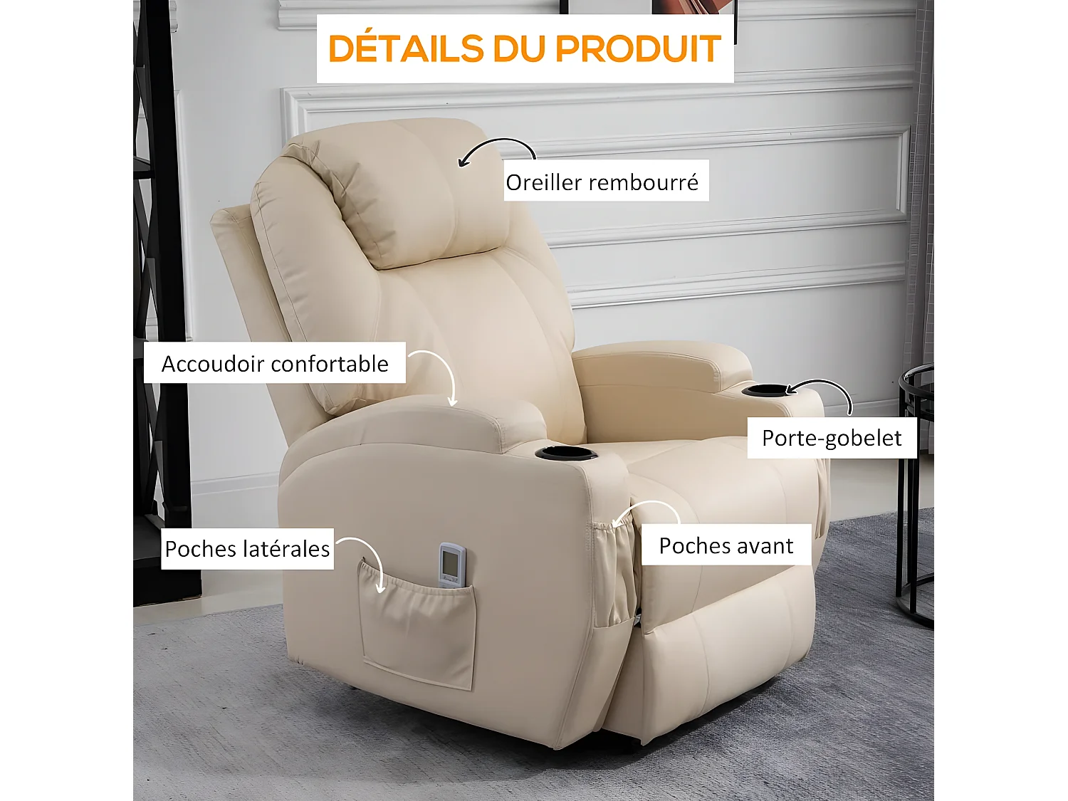 Fauteuil de relaxation éléctrique massant inclinable CHARLOTTE Crème