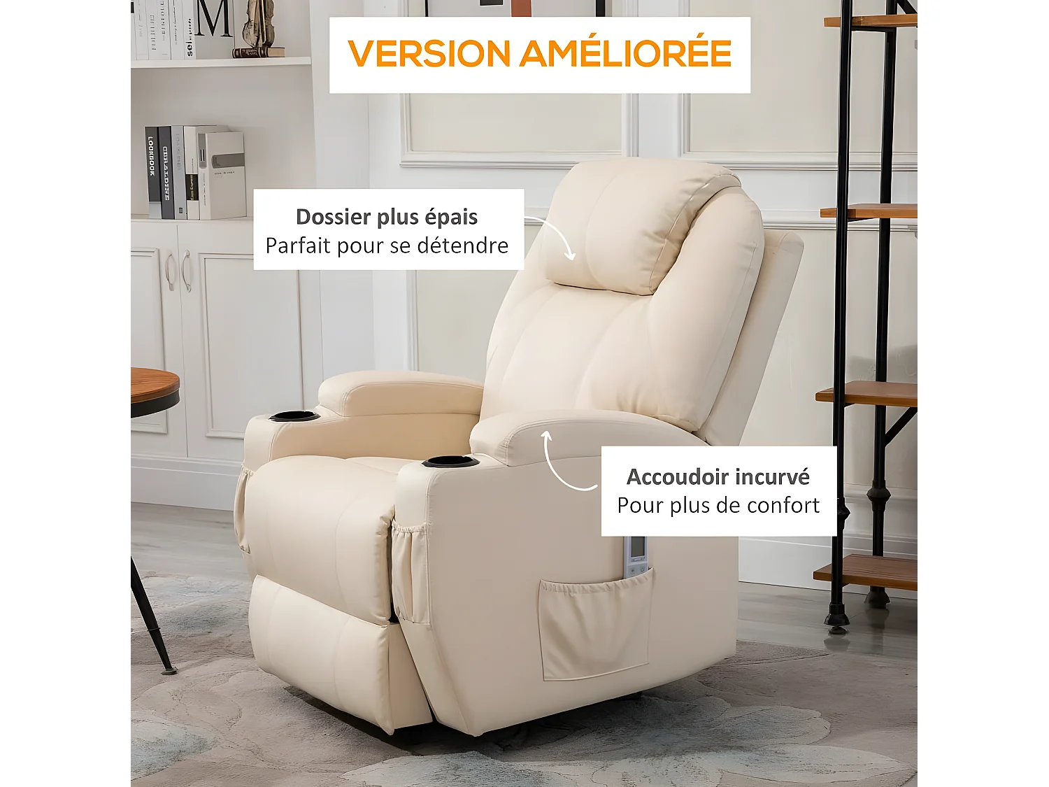 Fauteuil de relaxation éléctrique massant inclinable CHARLOTTE Crème