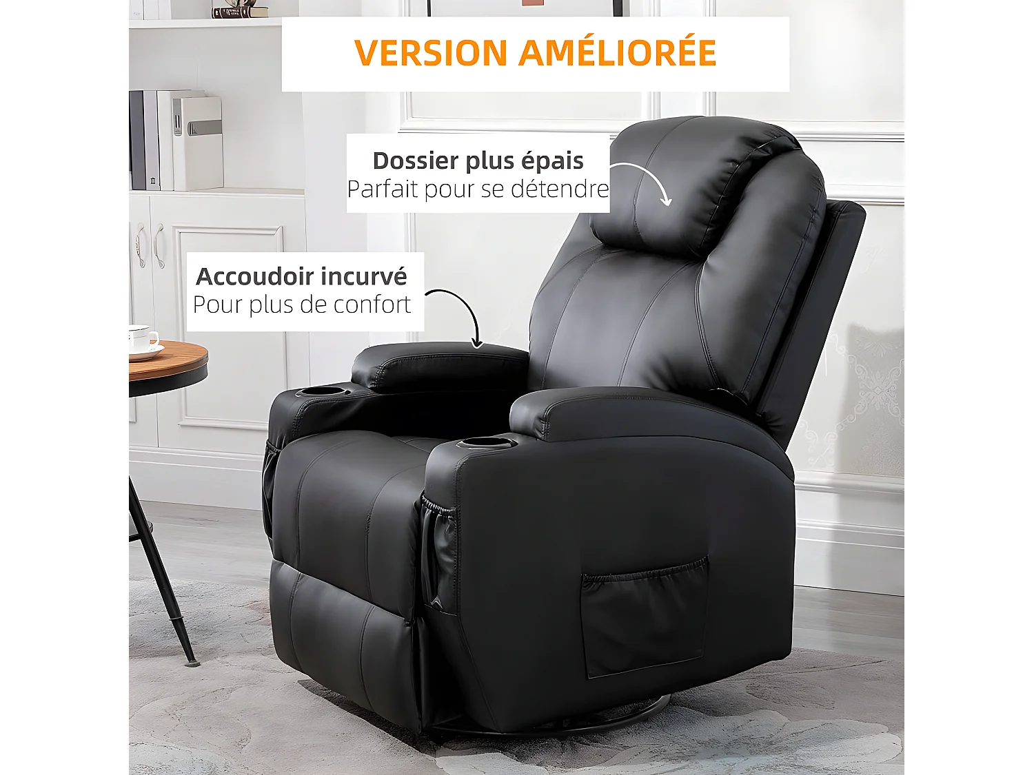 Fauteuil de relaxation électrique massant CHARLOTTE Noir
