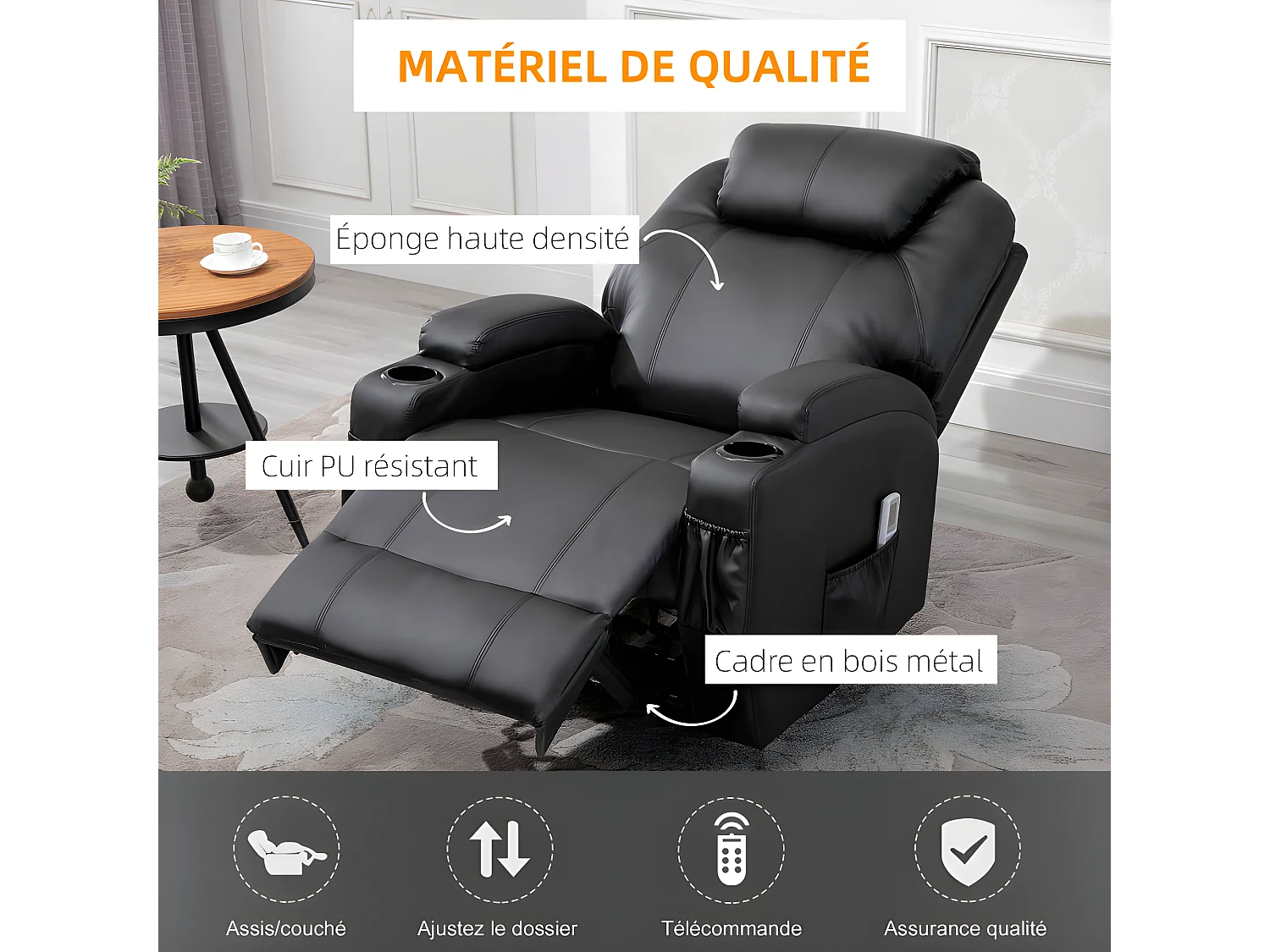 Fauteuil de relaxation électrique massant CHARLOTTE Noir