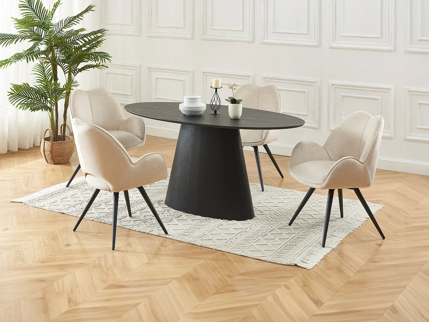 Table à manger 6 personnes placage frêne - Noir - ANTELADA