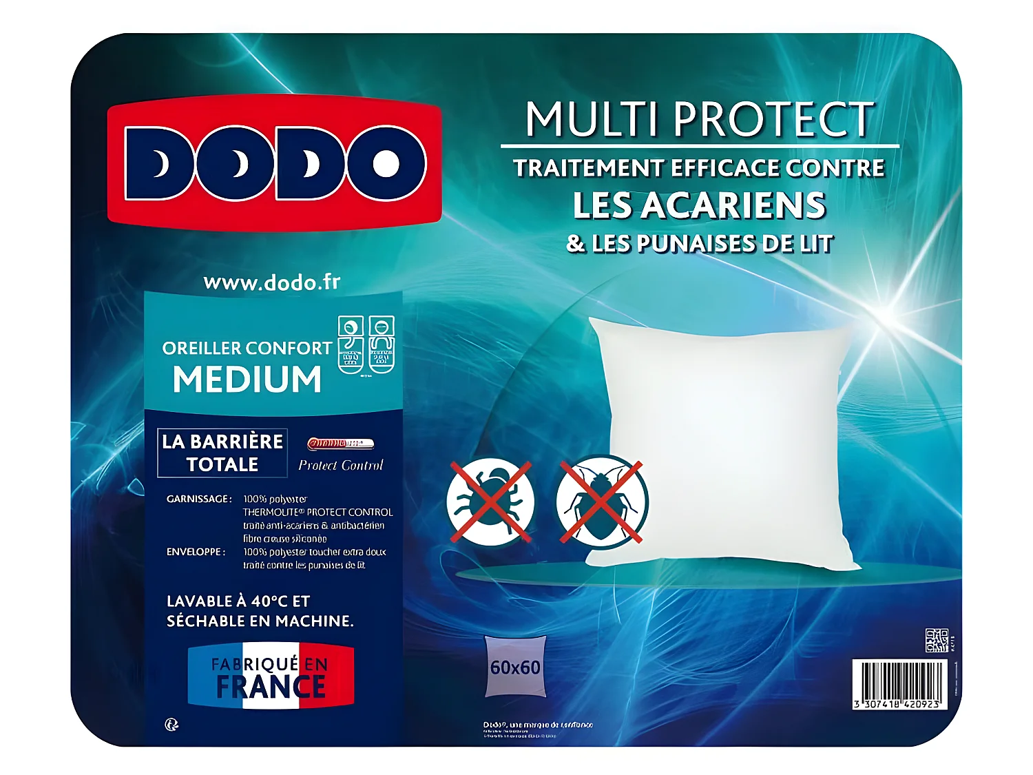Oreiller Multiprotect 60x60 cm - 100% Polyester Anti-Acariens & Antibactérien, Toucher Extra Doux