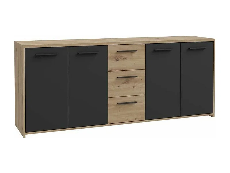 Melamine spaanplaat dressoir - ambachtelijk eiken en zwart - 4 deuren + 3 laden - 179,2 x 42 x 74,5 cm