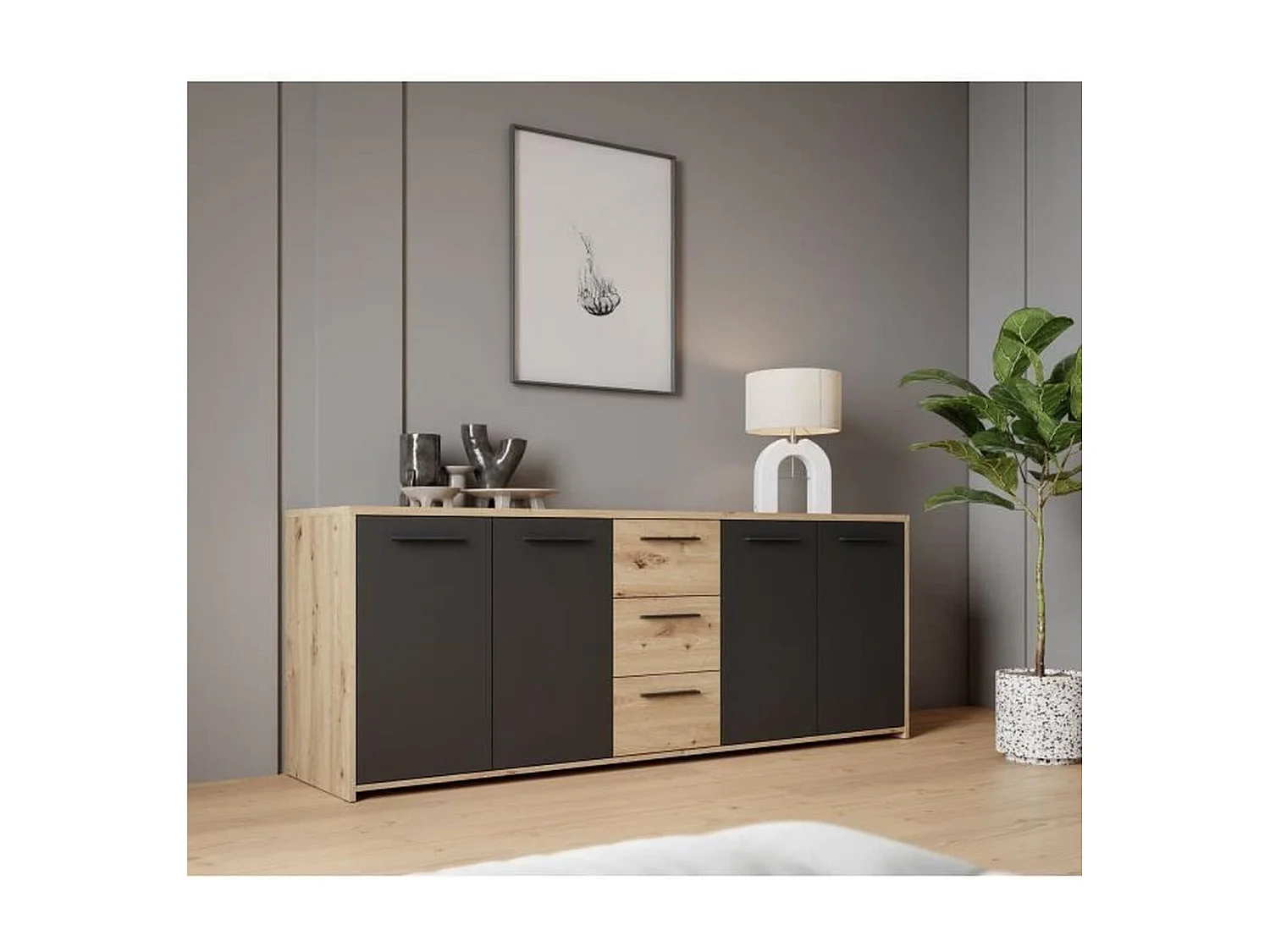 Buffet PILVI - Style contemporain - Particules mélaminé -Décor Chene artisan et Noir- 4 portes + 3 tiroirs - L179,2 x P42