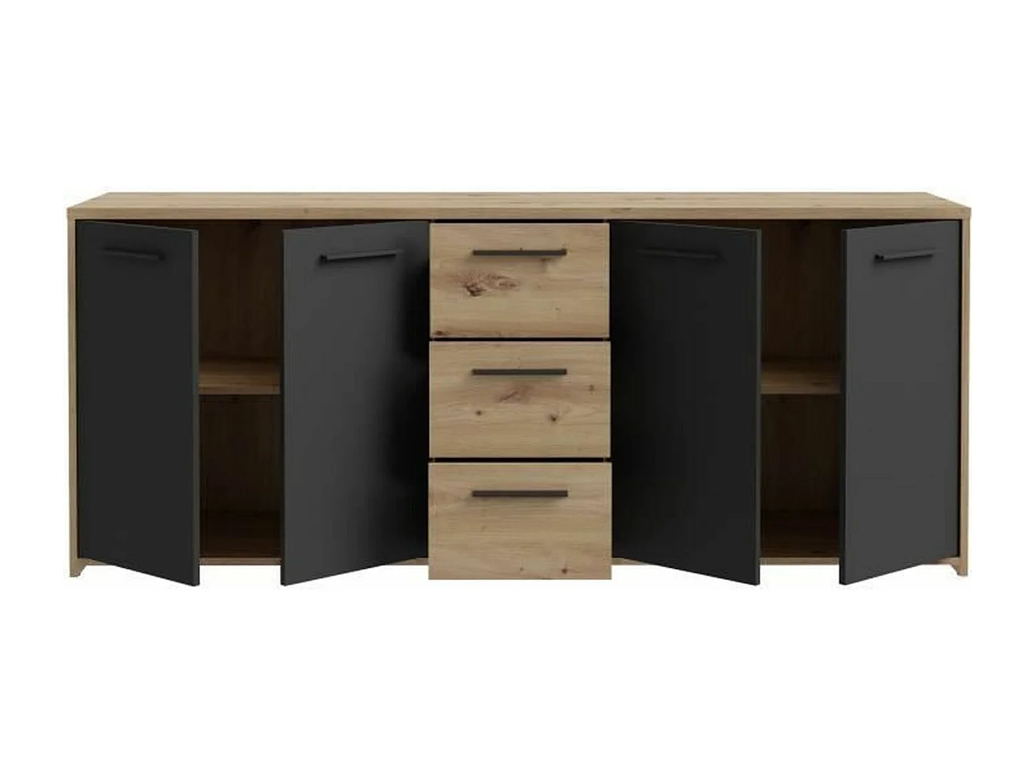 Buffet PILVI - Style contemporain - Particules mélaminé -Décor Chene artisan et Noir- 4 portes + 3 tiroirs - L179,2 x P42