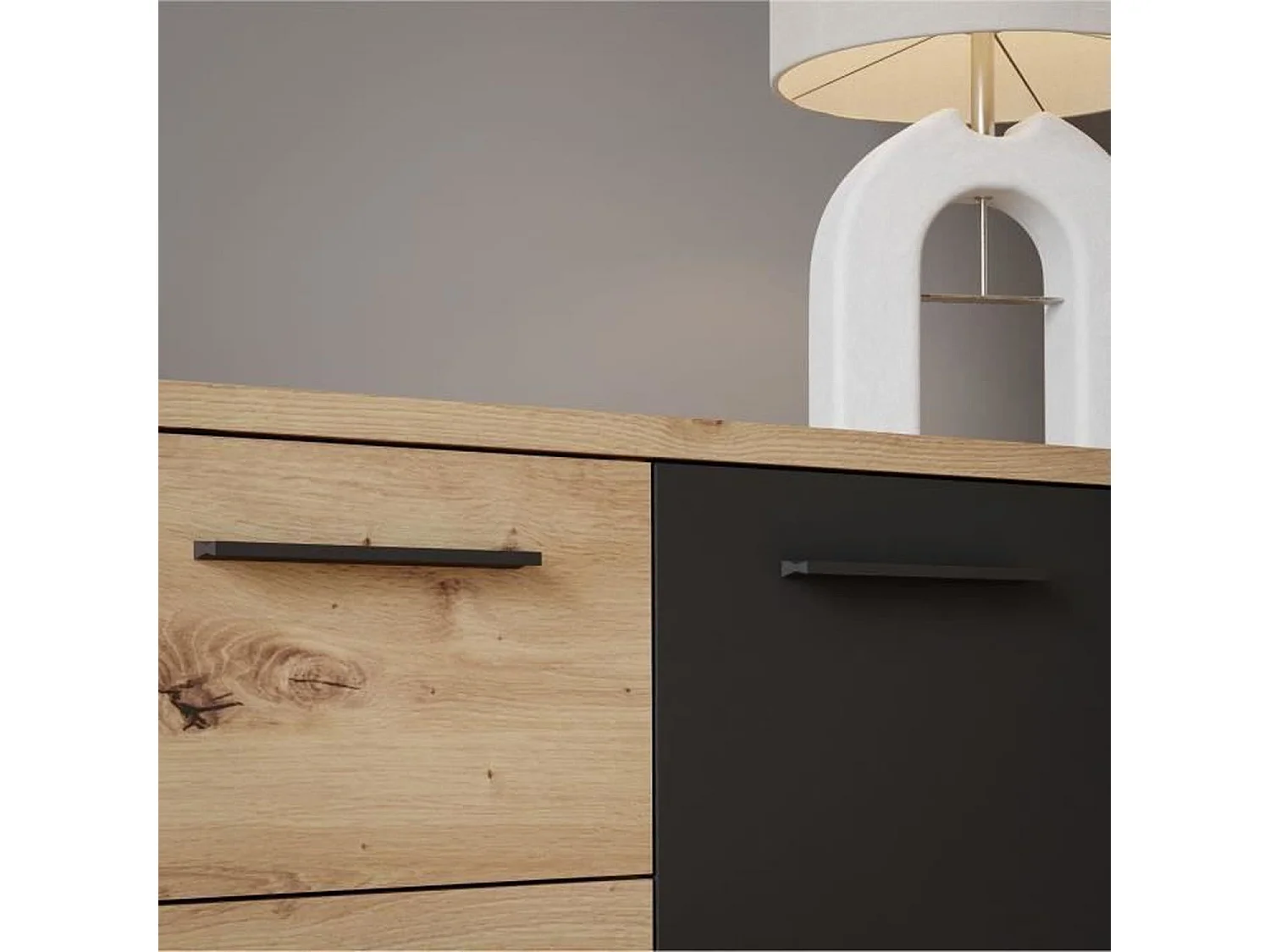 Buffet PILVI - Style contemporain - Particules mélaminé -Décor Chene artisan et Noir- 4 portes + 3 tiroirs - L179,2 x P42