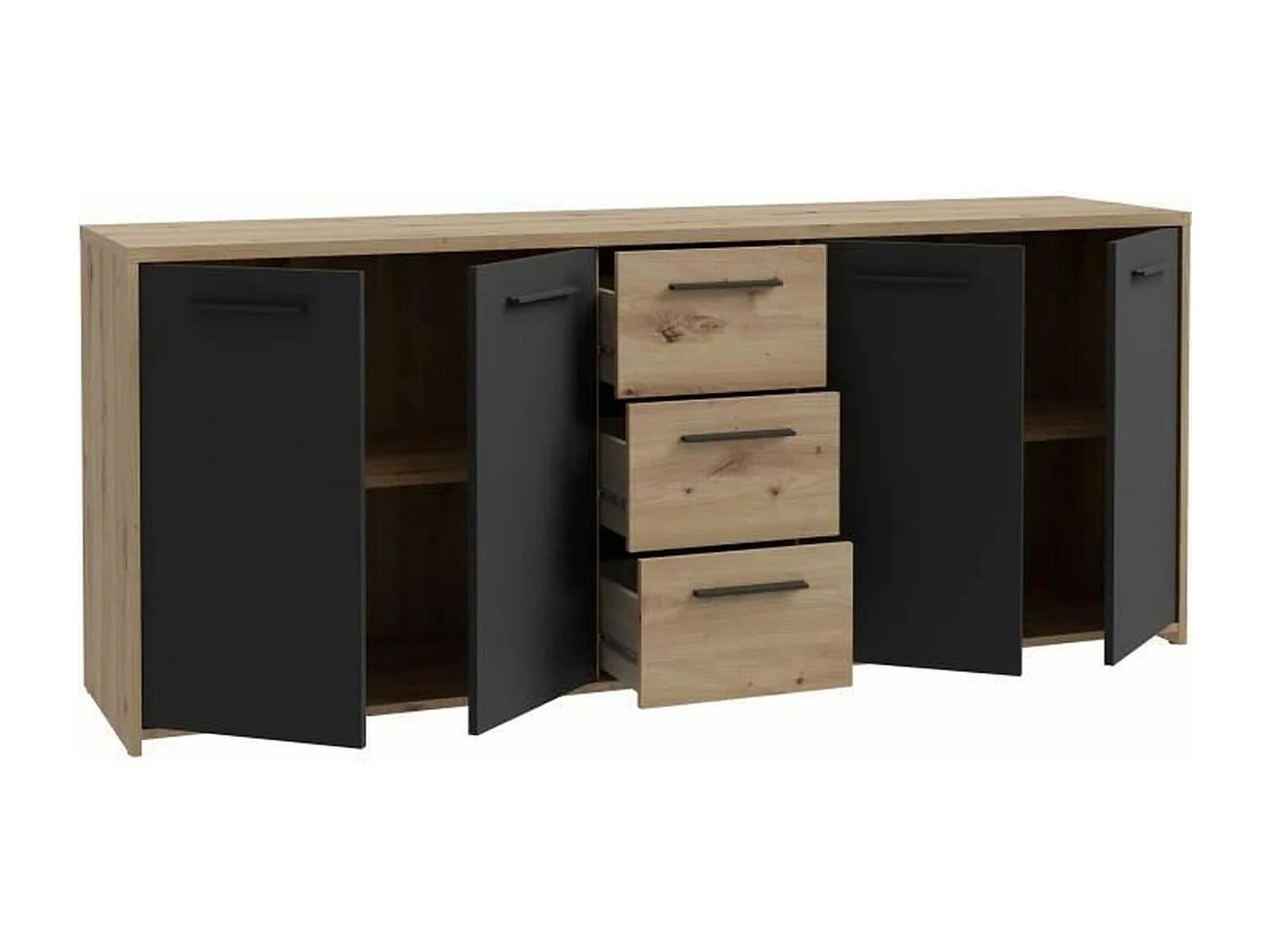Buffet PILVI - Style contemporain - Particules mélaminé -Décor Chene artisan et Noir- 4 portes + 3 tiroirs - L179,2 x P42
