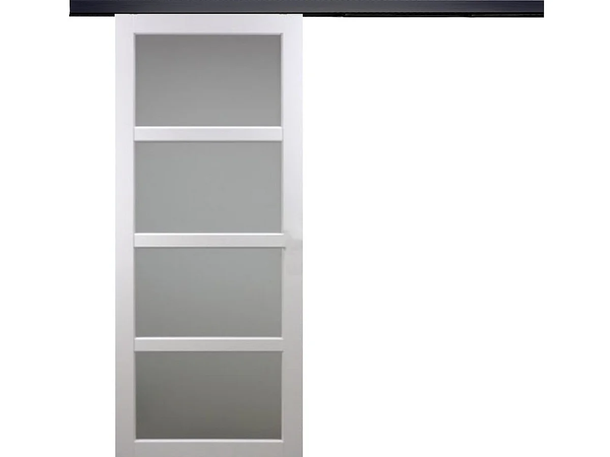 Porte Coulissante Tana Blanc Vitrée H204 X L83 + Rail Alu Bandeau Noir Gd Menuiseries