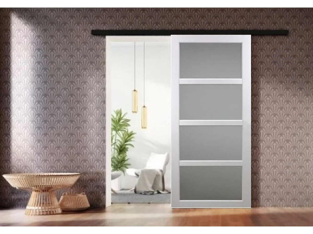Porta scorrevole Tana bianca con vetro H204 x L73 cm, binario in alluminio con fascia nera Gd Menuiseries