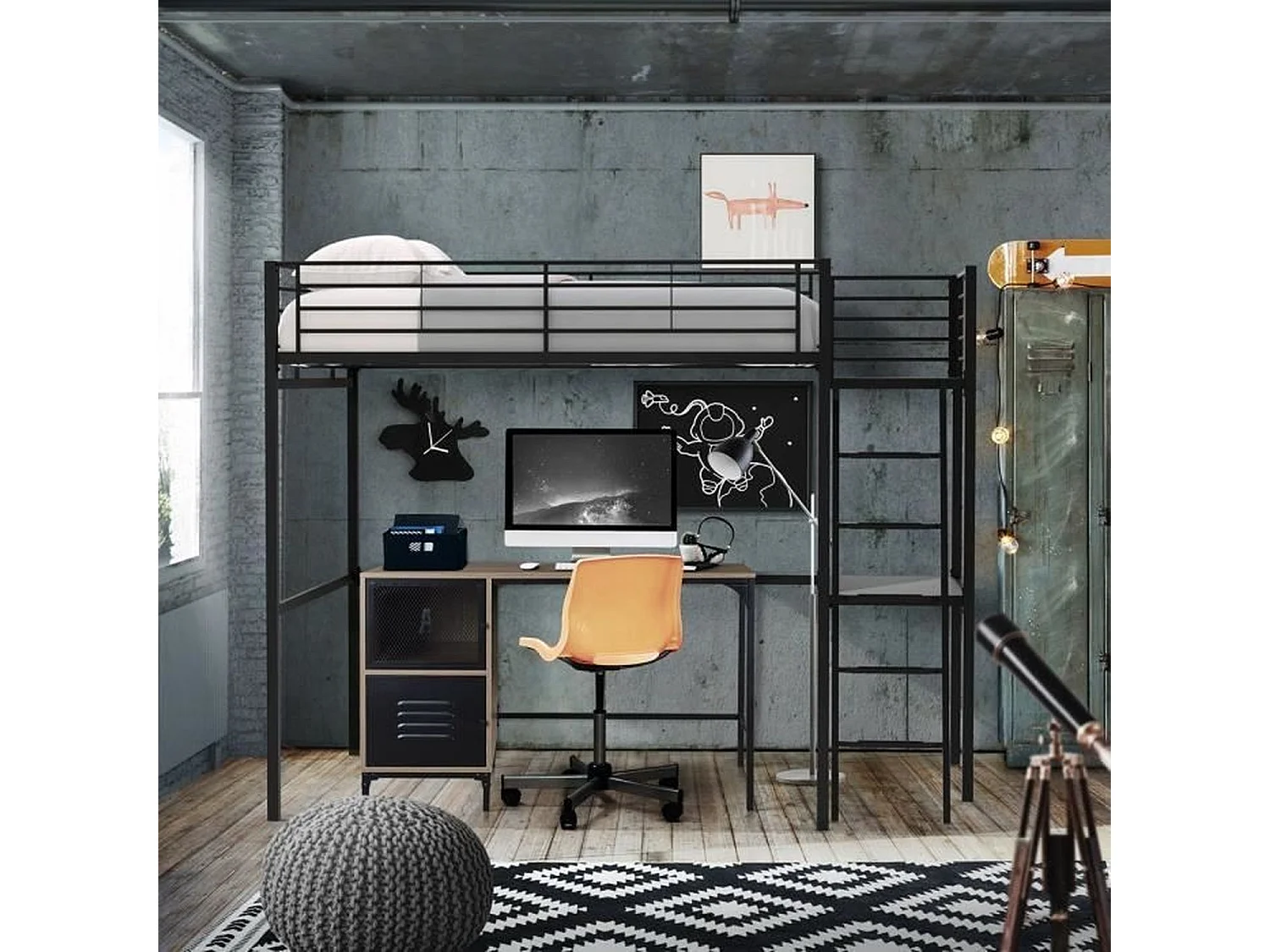 Lit mezzanine avec bureau en métal époxy - Noir - Sommier inclus - 140 x 190 cm - OXFORD