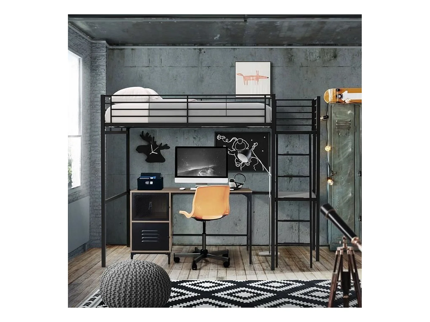 Lit mezzanine avec bureau en métal époxy - Noir - Sommier inclus - 140 x 190 cm - OXFORD
