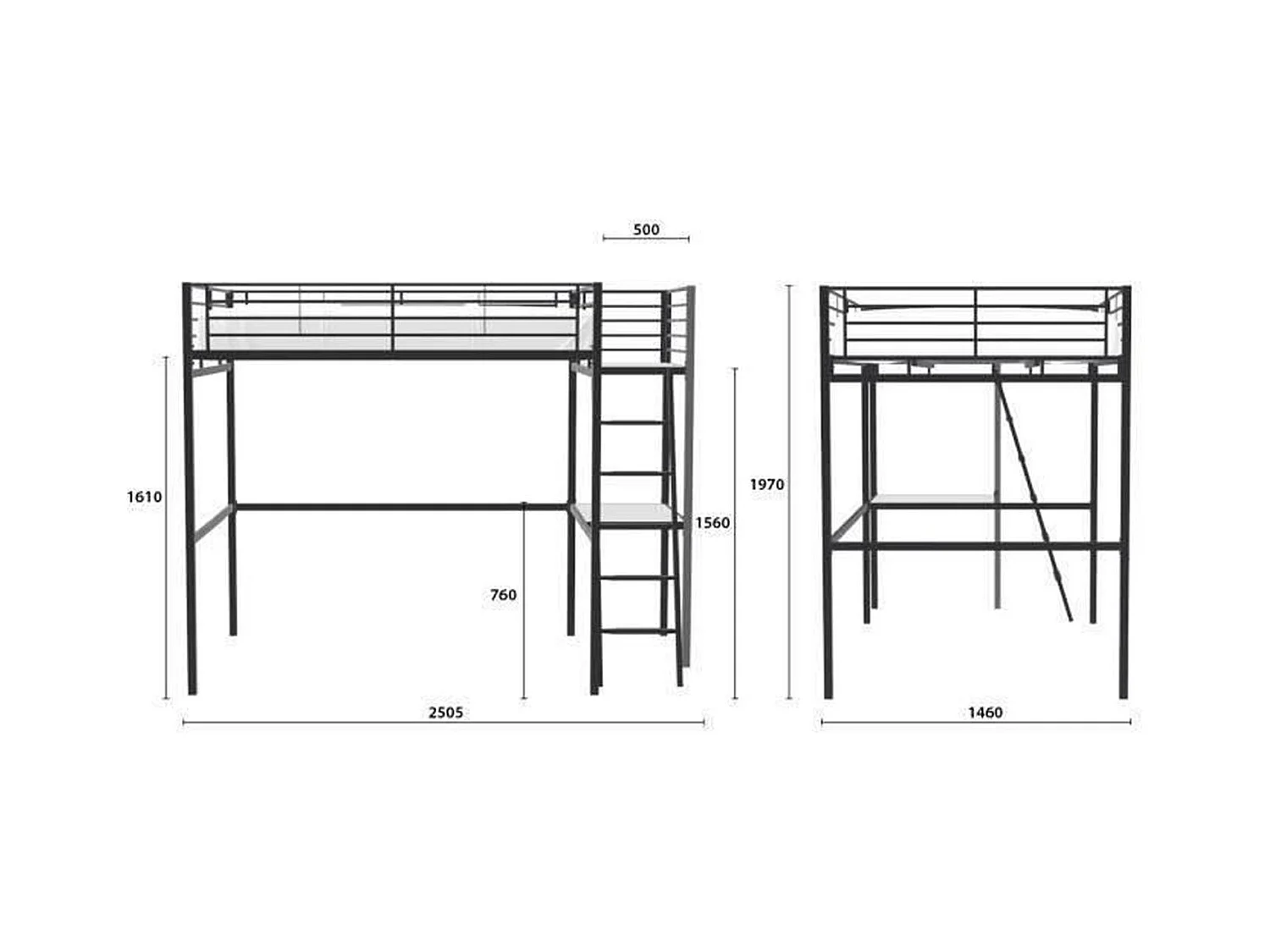 Litera OXFORD con Escritorio Integrado de Metal Negro 140x190 cm - Somier Incluido