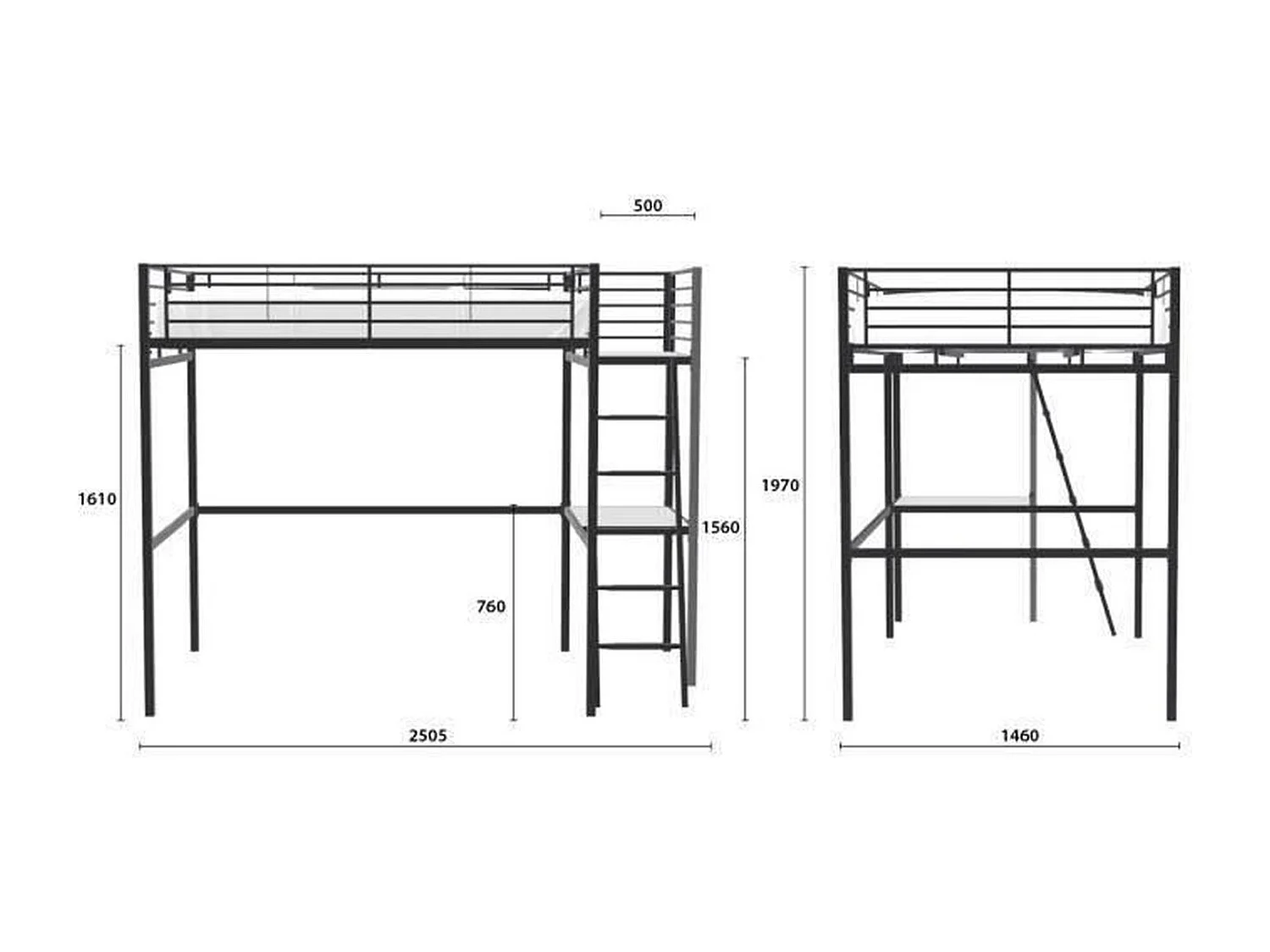 Lit mezzanine avec bureau en métal époxy - Noir - Sommier inclus - 140 x 190 cm - OXFORD