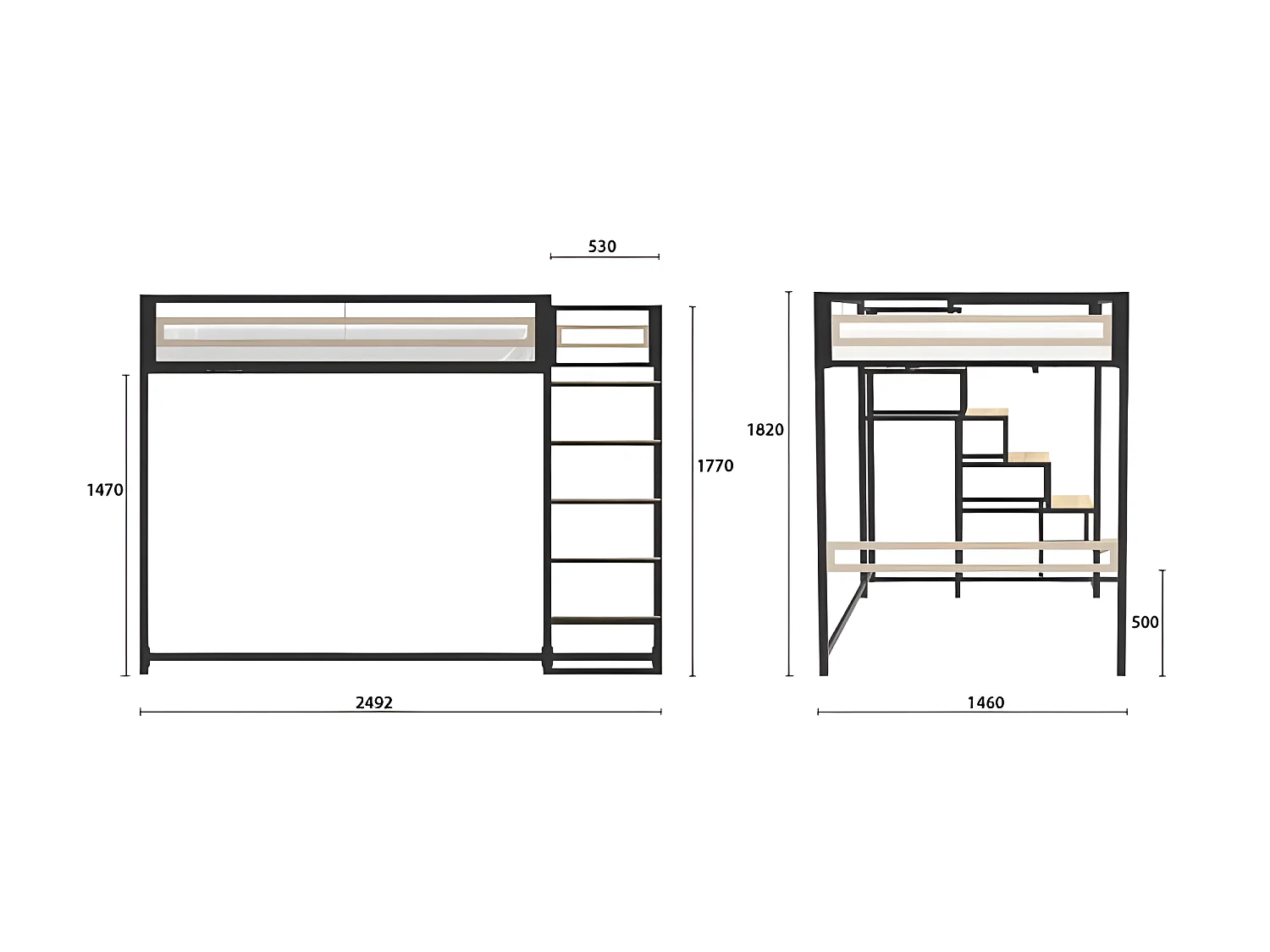 Lit mezzanine - 140x190 cm - Métal - Noir - Sommier inclus - LEON