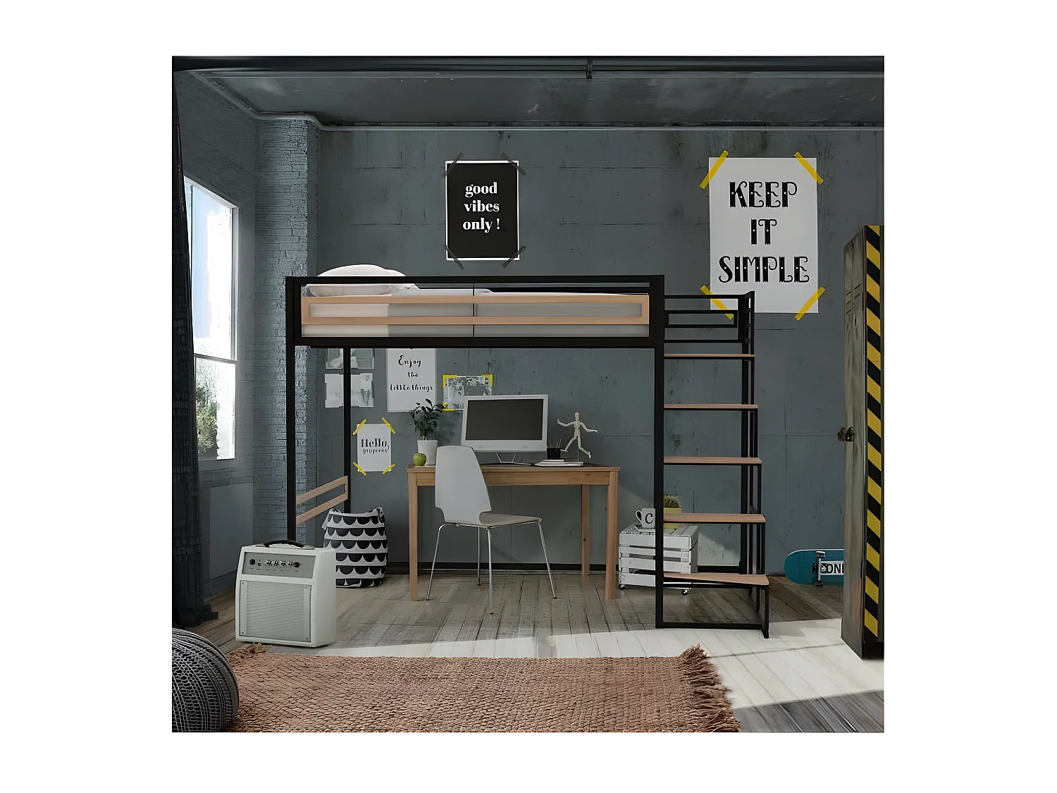 Lit mezzanine - 140x190 cm - Métal - Noir - Sommier inclus - LEON