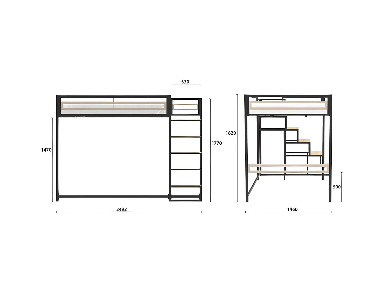 Lit mezzanine - 140x190 cm - Métal - Noir - Sommier inclus - LEON