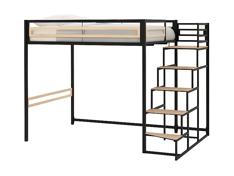 Lit mezzanine - 140x190 cm - Métal - Noir - Sommier inclus - LEON