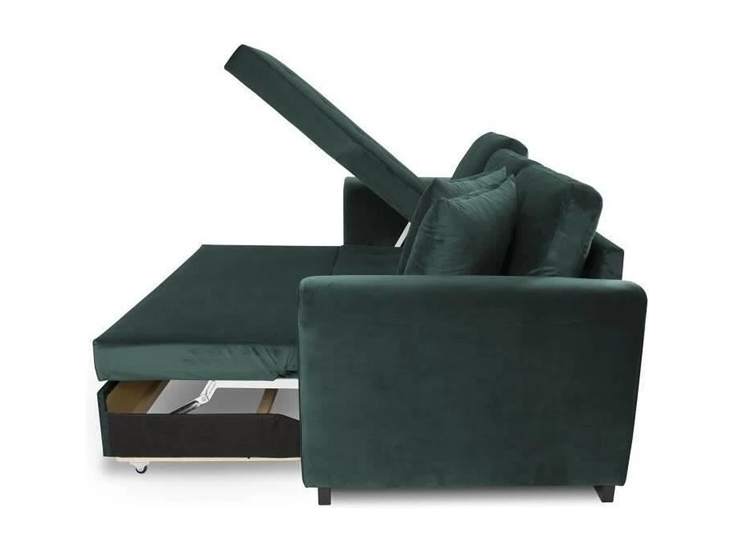 Canapé d'angle convertible HAMILTON 4 places - Tissu velours vert - 245 x 140 x 86 - Coffre de rangement
