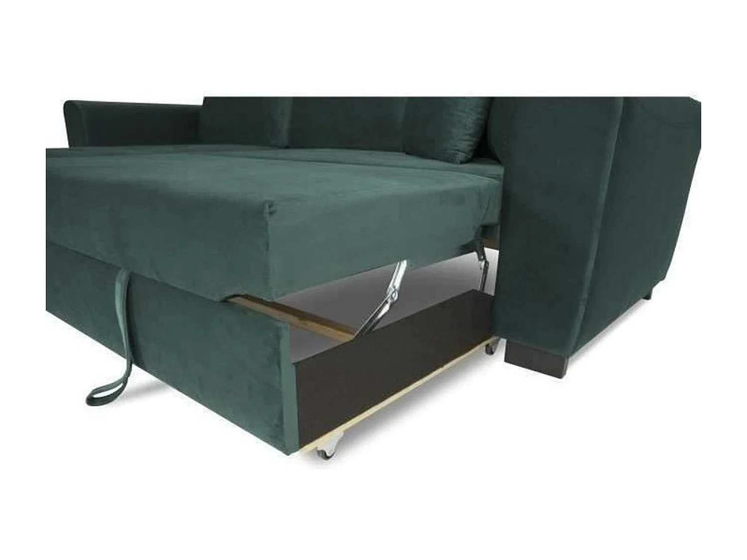 Canapé d'angle convertible HAMILTON 4 places - Tissu velours vert - 245 x 140 x 86 - Coffre de rangement