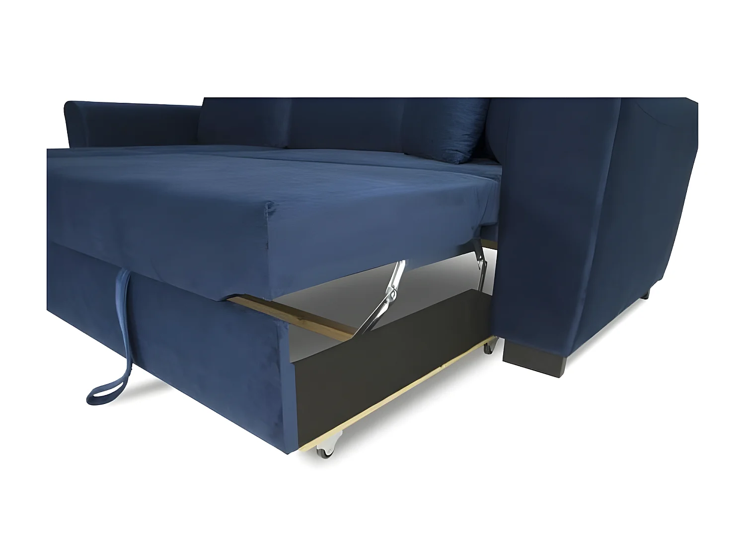 Canapé d'angle convertible HAMILTON 4 places - Tissu velours bleu - L 245 x P 140 x H 86 - Coffre de rangement