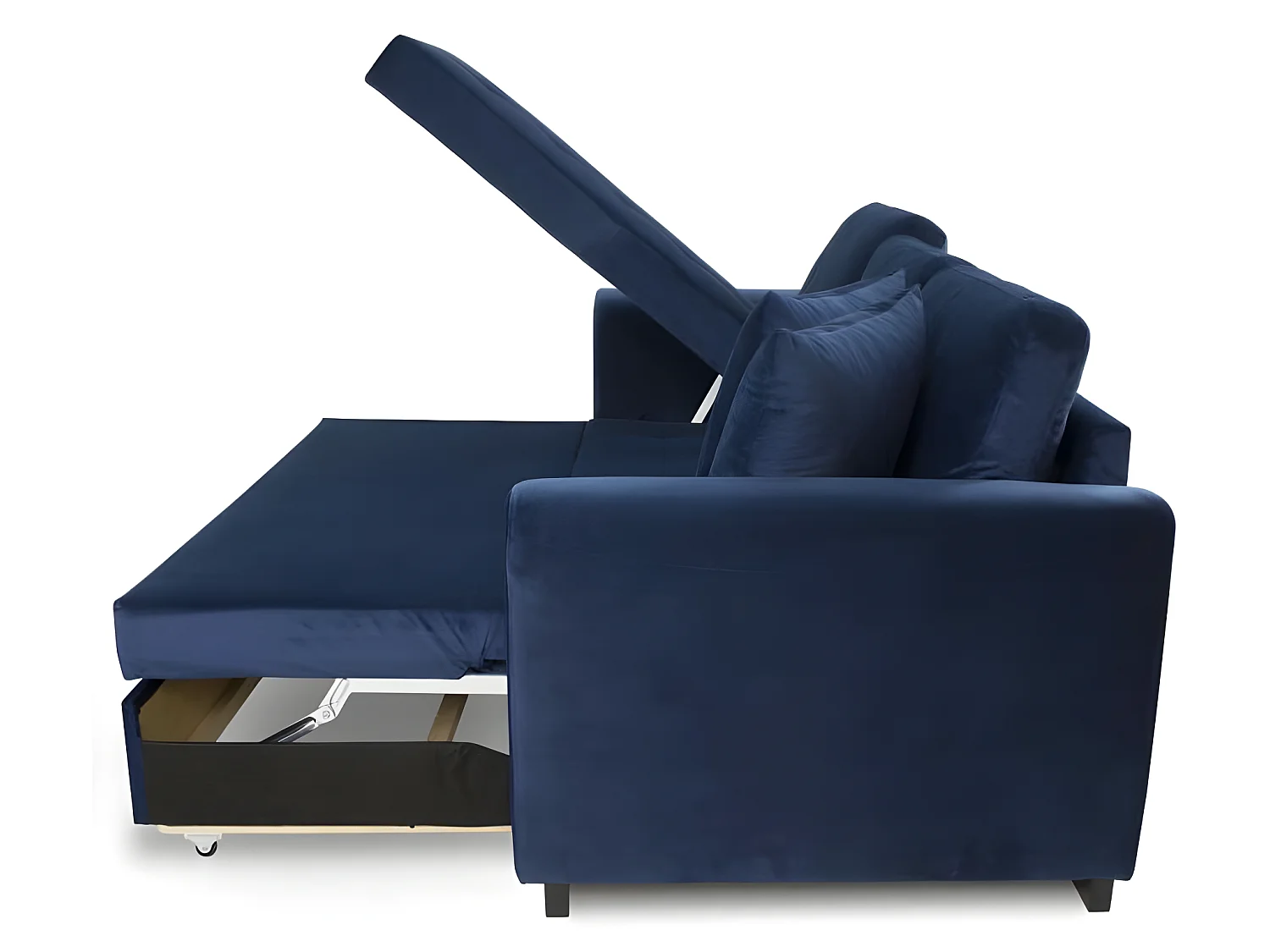 Canapé d'angle convertible HAMILTON 4 places - Tissu velours bleu - L 245 x P 140 x H 86 - Coffre de rangement