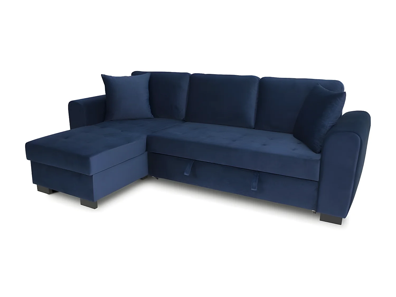 Canapé d'angle convertible HAMILTON 4 places - Tissu velours bleu - L 245 x P 140 x H 86 - Coffre de rangement