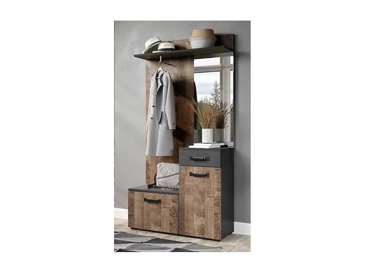 Smile Kleiderschrank-Set 1 Ablage, 1 Garderobenstange, 1 klapp, 1 Türen, 1 Schubladen grau Matera dekor, Tabak Eiche dekor.