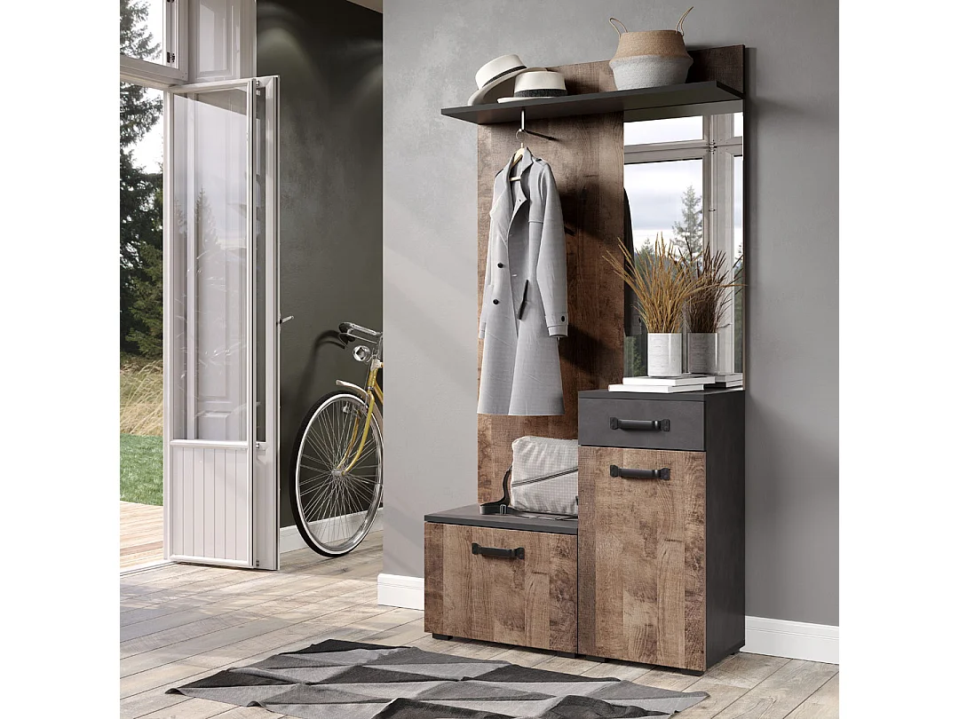 Ensemble meuble d'entrée avec miroir bois et gris avec miroir Kamelia