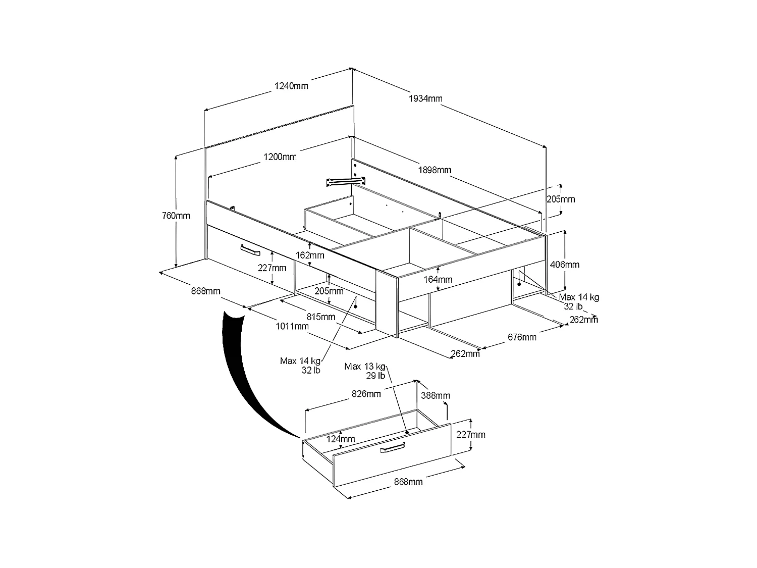 Cama 120 x 190/200 cm con compartimentos - Blanco y natural - KINSELIA