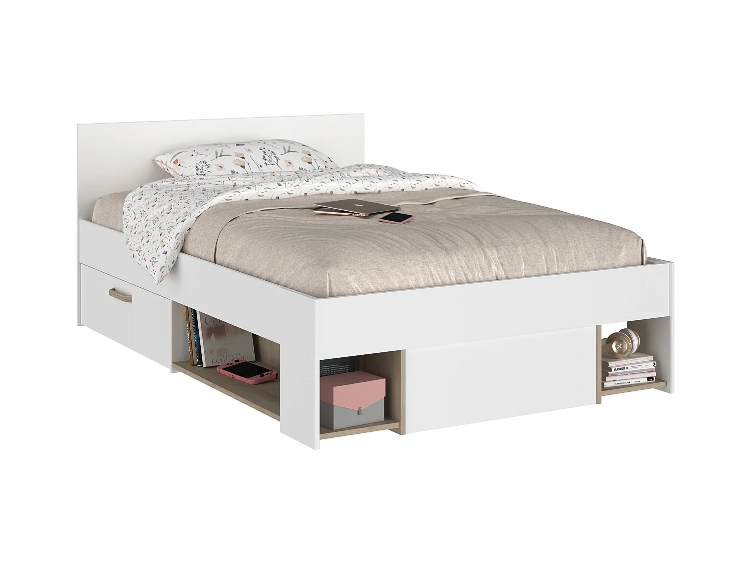 Cama 120 x 190/200 cm con compartimentos - Blanco y natural - KINSELIA