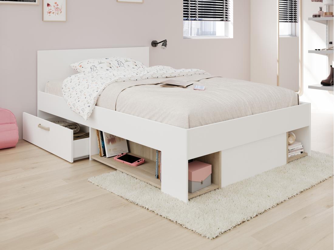 vente unique Lit 120 x 190/200 cm avec rangements - Blanc et naturel - KINSELIA