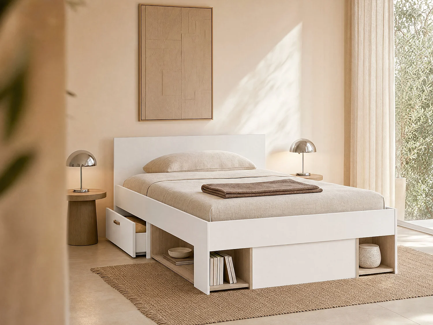 Lit 120 x 190/200 cm avec rangements - Blanc et naturel - KINSELIA