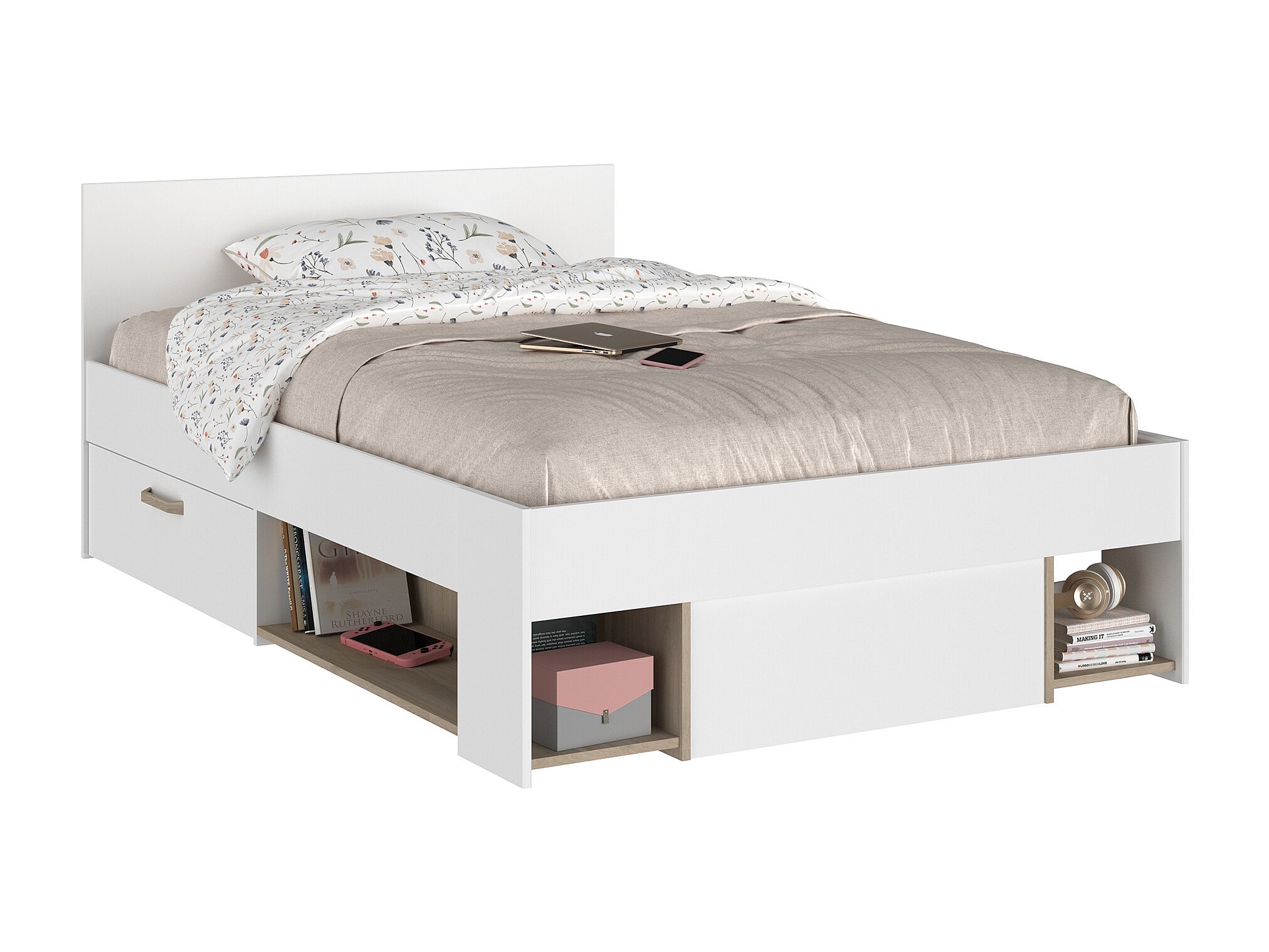 Bed Met Opbergruimte 120 X 190 200 Cm Wit En Houtlook KINSELIA