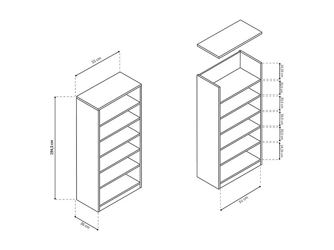 Biblioteca design com 5 prateleiras, cor carvalho claro, coleção TOLLY