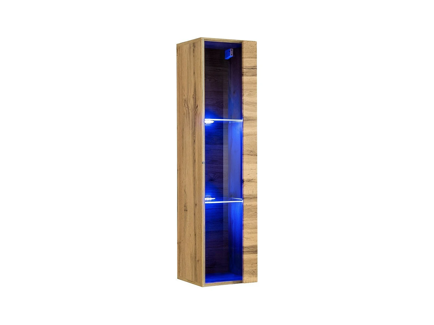 Zwevende vitrinekast in eiken kleur, klein model met 1 glazen deur en inclusief LED-verlichting. Collectie SWITCH.