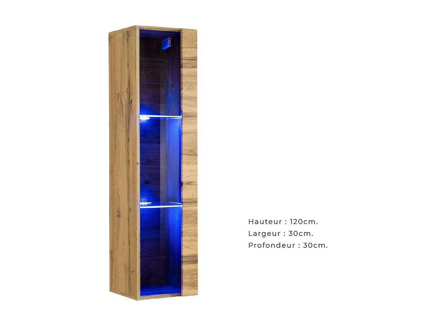 Hängendes Vitrinenschrank in Eichenfarbe, kleines Modell mit 1 Glastür und inklusiver LED-Beleuchtung. Kollektion SWITCH.