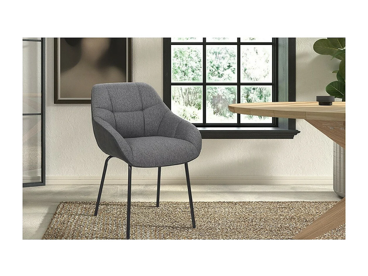 Chaise SAM – Tissu gris & dos PU gris foncé – Pieds métal noir – H85 x L57.5 x P65 cm