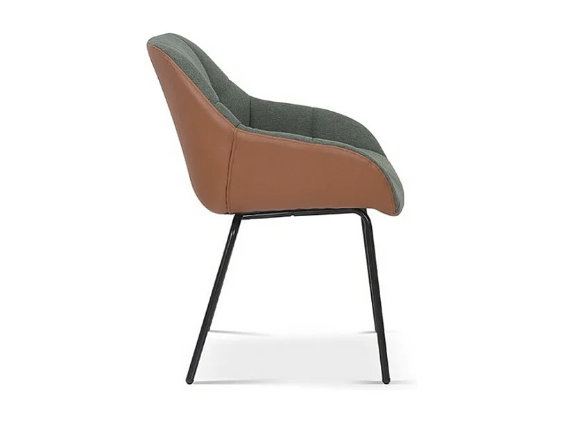 Chaise SAM Tissu Vert Dos PU Cognac, dimension H85 x L57.5 x P65, idéal pour votre cuisine ou salle à manger